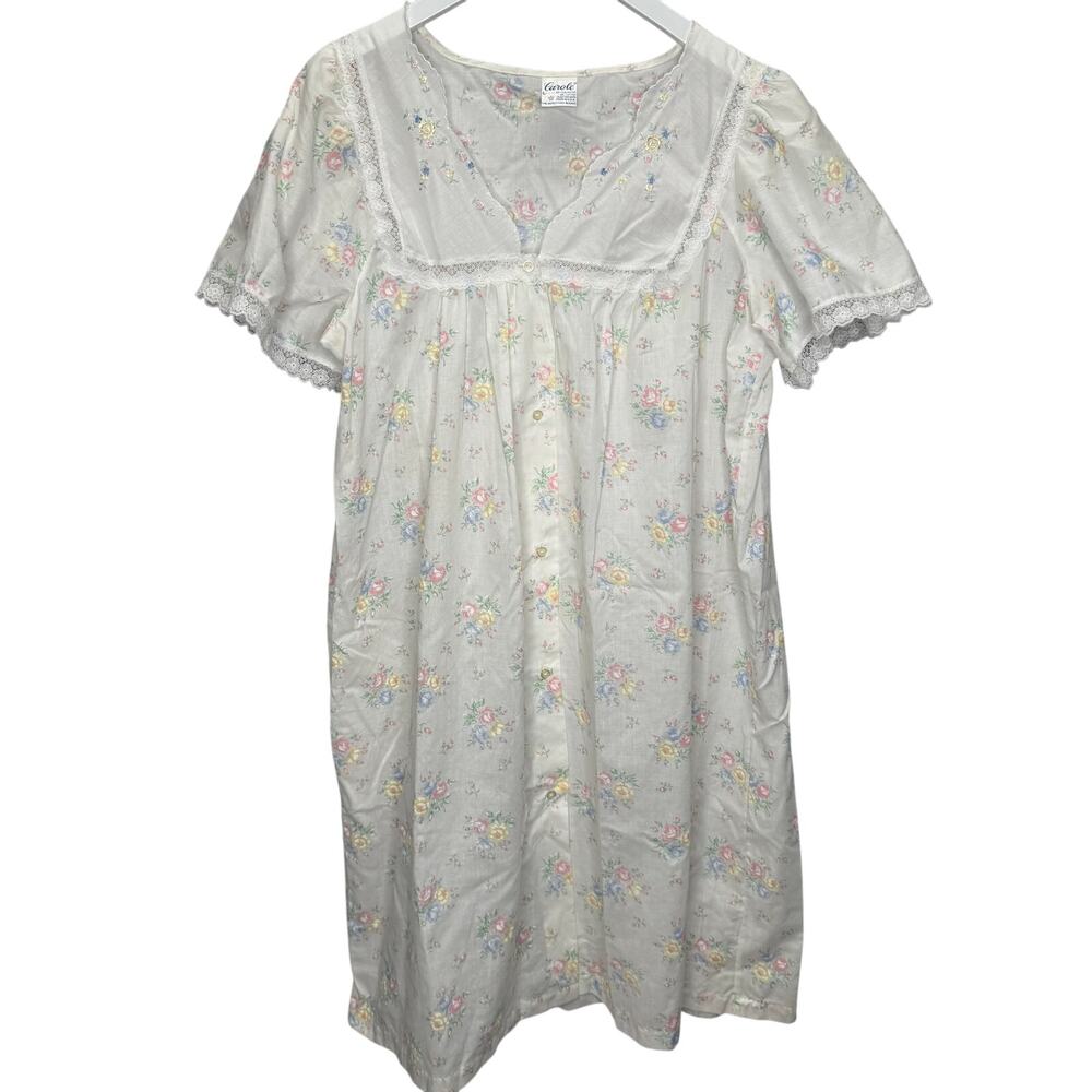 Vintage Carole Short Sleeve Robe Button Size L White Floral Midi Cottagecore